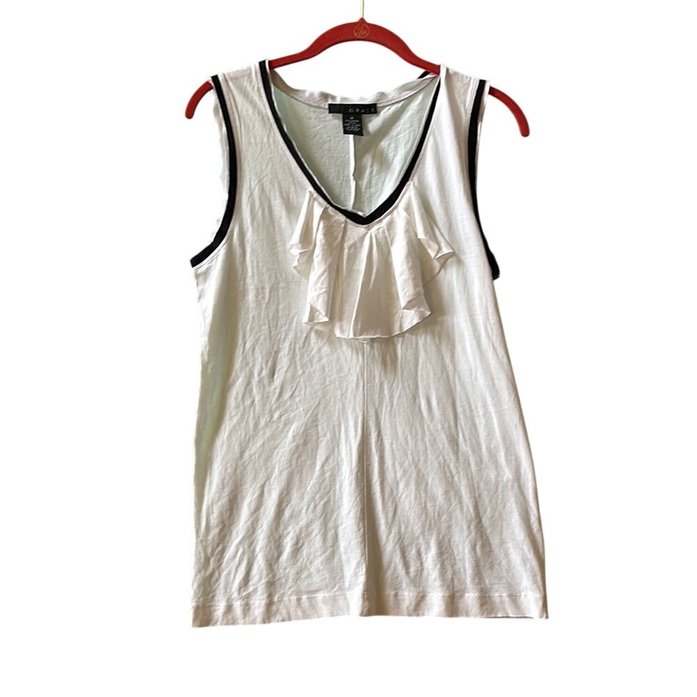 Grace White‎ Sleeveless Tank Top with Ruffle Detail Size Medium 100% Cotton